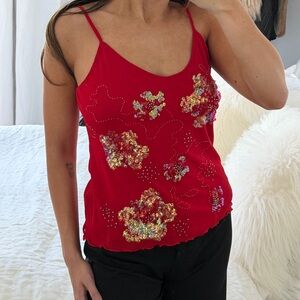 Vintage Red Sequin Floral Embellished Tank Top